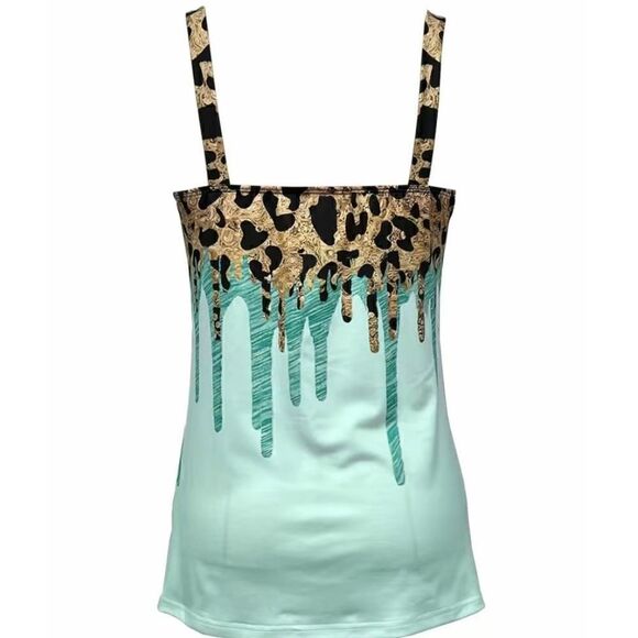 NEW SZ M Woman’s Leopard Cyan Drip Print V-Neck Halter Top - Picture 2 of 5